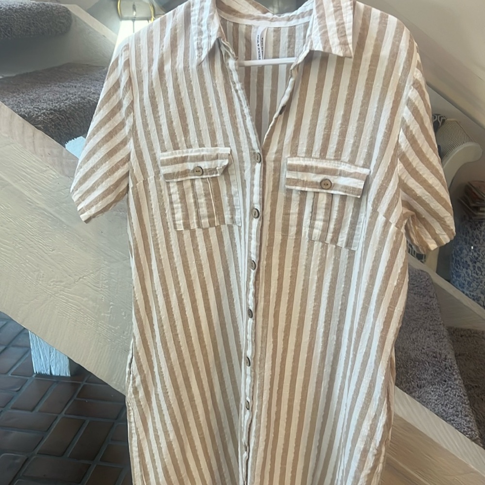 Tan and white striped coastal shirt dress xl